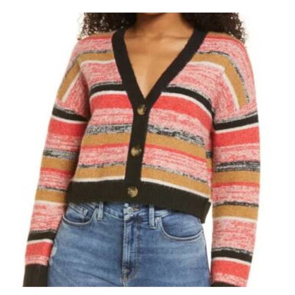 BP. Striped Crop Button Up Cardigan Sweater Marble Size Large NWT